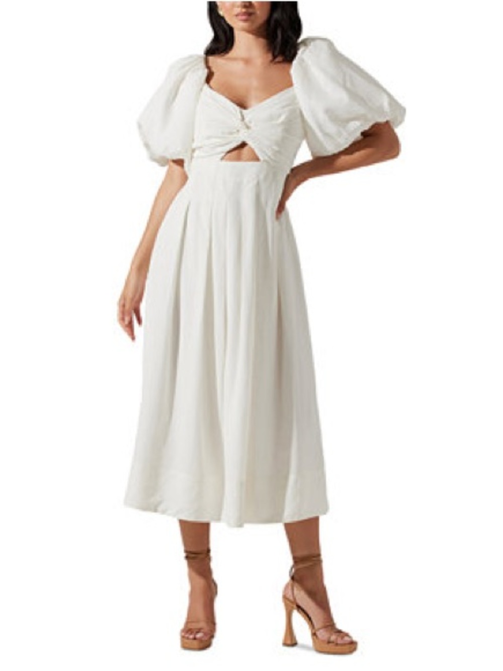 Astr White Puff-Sleeve Midi Dress with Twist Front